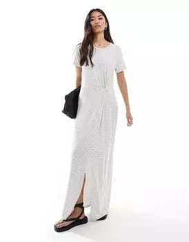 Макси-платье с узлом спереди белого цвета с черными полосками Vero Moda