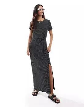 Макси-платье с узлом спереди черного цвета с белыми полосками Vero Moda