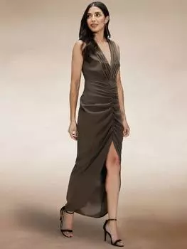 Макси-платье с v-образным вырезом и рюшами HotSquash, хаки