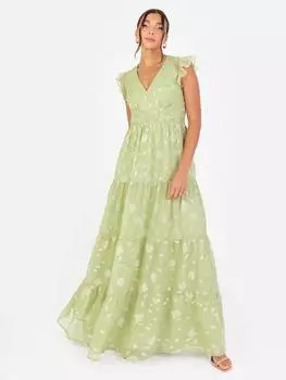 Макси-платье с v-образным вырезом и цветочным развевающимся рукавом Maya Deluxe, цвет Sage Green