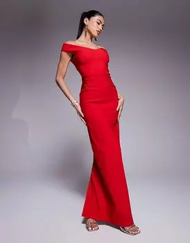 Макси-платье с вырезом сердечком и открытыми плечами красного цвета Vesper