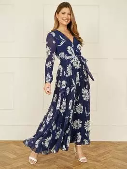 Макси-платье с запахом в цветочную складку Yumi, темно-синий