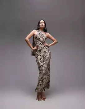 Макси-платье с завязкой на шее и бретельками через шею с абстрактным рисунком животного Topshop