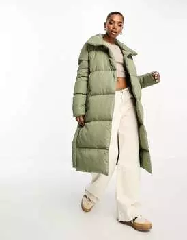 Макси-пуховик с поясом Brave Soul цвета хаки