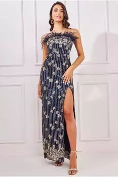 Макси с блестками и перьями Goddiva, темно-синий