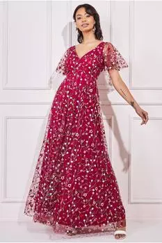 Макси с цветочной вышивкой и развевающимися рукавами Goddiva, красный