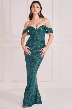 Макси с открытыми плечами и пайетками Goddiva, зеленый