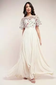 Макси с вышитыми рукавами и развевающимися рукавами Goddiva, бежевый