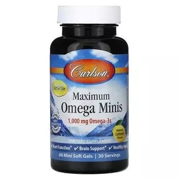 Maximum Omega Minis, натуральный лимон, 1000 мг, 60 мягких мини-желатиновых капсул (500 мг на мягкую желатиновую капсулу) Carlson