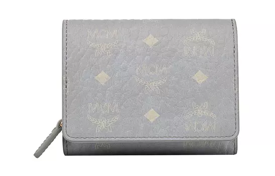 MCM Мини-кошелек женский, серый, из холщовой ткани с кожаным держателем для карт