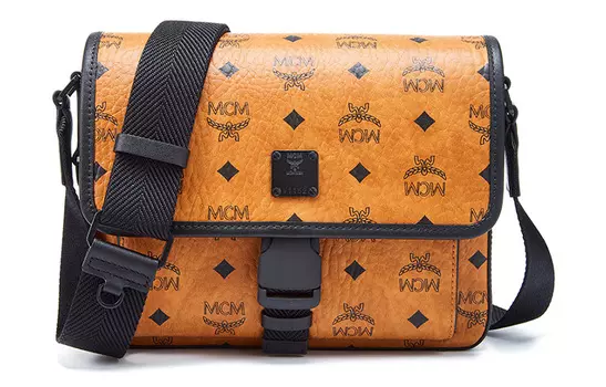 MCM Сумка-мессенджер Klassik Visetos из коровьей кожи, через плечо, маленькая, мужская, коричневого цвета, коньячного цвета