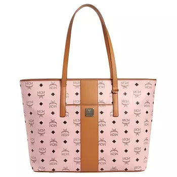 MCM Сумка-шоппер Toni Visetos Canvas Tote Bag, женская сумка-шоппер, цвет Light Mist Pink с коньяком