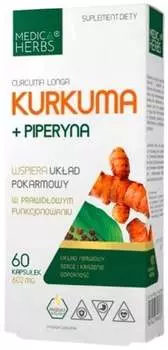 Medica Herbs, Куркума + пиперин, 600 мг 2,1 мг, 60 капсул. Inna marka