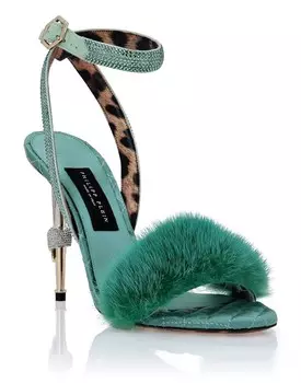 Меховые босоножки на каблуке с черепом и кристаллами Philipp Plein, цвет Turquoise