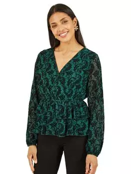 Mela London велюровый топ с запахом и длинными рукавами с цветочным принтом Yumi, зеленый
