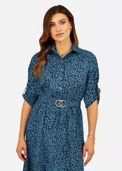 Mela Синее платье миди с золотой пряжкой и принтом Apple Dalmatian