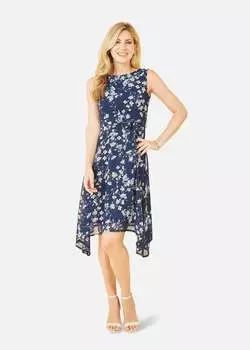 Mela Темно-синее платье с плиссированной юбкой и цветочным принтом Apple