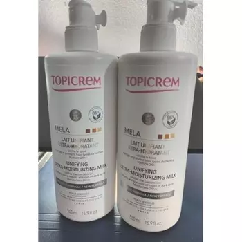 Mela Unifying Ultra-Moisturizing Milk 500 мл - Упаковка из 2 средств для чувствительной кожи с коричневыми пятнами Topicrem