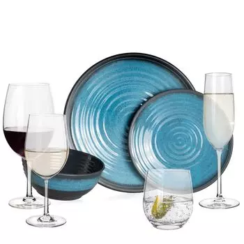 Меламиновый набор посуды для кемпинга, 4 человека, синий камень + 16 бокалов Tiamo, бокалы для воды, бокалы для вина, бокалы для шампанского, флейты, посуда, посуда для пикника, барбекю Moritz