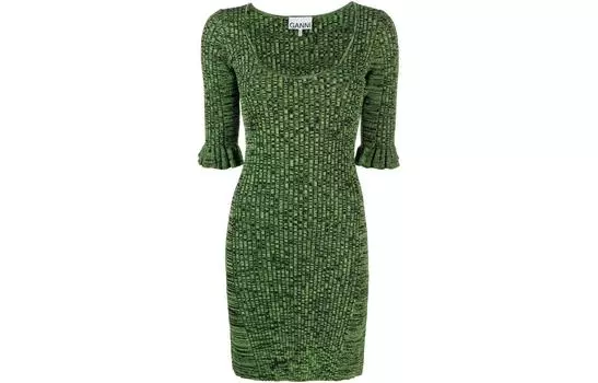 Меланжевое мини-платье с воланными рукавами GANNI, зеленый