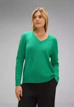 Меланжевый свитер STREET ONE с V-образным вырезом, зеленый