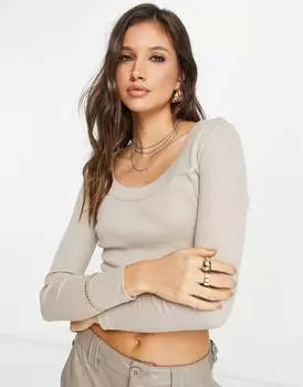 Мелко-овсяный топ в рубчик с длинными рукавами и круглым вырезом ASOS DESIGN