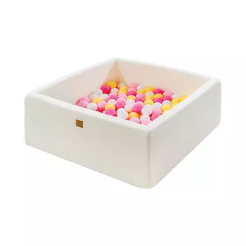 MEOWBABY Квадратный сухой бассейн для детей 90x90x90x40см/200 шариков 7см, хлопок, букле, белый: пастельно-розовый/светло-розовый/пастельно-желтый/белый