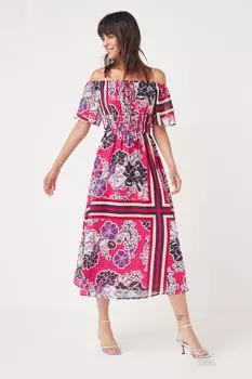 Мерцающее платье миди с открытыми плечами Next, розовый