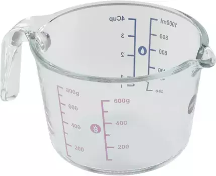 Мерный стакан Emsa "K32361 Prep&Bake", стеклянный, (1), двойная шкала для твердых и жидких ингредиентов, сливная горловина, 1 л Объем 1 л, цвет Transparent