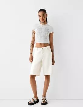 Мешковатые джинсовые шорты-бермуды Bershka, бежевый