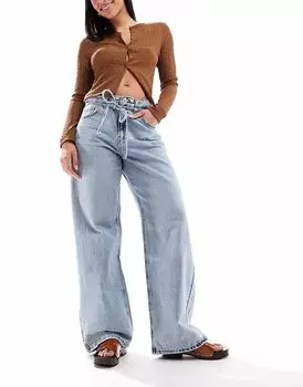 Мешковатые джинсы Pull&Bear с завязкой на талии синего цвета