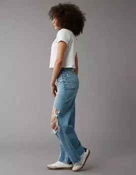 Мешковатые прямые рваные джинсы AE Strigid Curvy с очень высокой талией American Eagle Outfitters, цвет Medium Indigo Wash