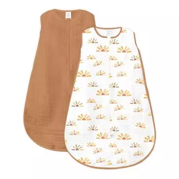 Мешок для сна Swaddle Designs для ребенка 12–18 месяцев, хлопково-муслиновое носимое одеяло с двусторонней молнией, неутяжеленный спальный мешок для более безопасного сна, акварельные солнечные дни и масло, 2 упаковки, большие SwaddleDesigns