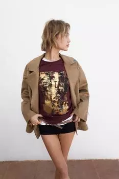 Металлическая футболка ZARA, бордовый