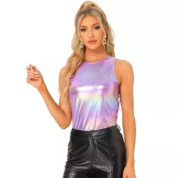 Металлическая майка для женской блестящей рубашки без рукавов для клубной вечеринки ALLEGRA K, цвет Light Purple
