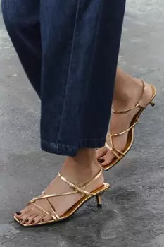 Металлические босоножки на каблуке-каблуке ZARA, золотой