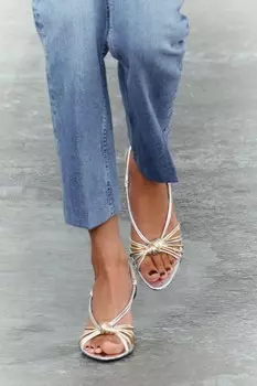 Металлические сандалии с завязанными ремешками ZARA, серебряный