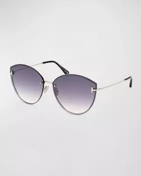 Металлические солнцезащитные очки «кошачий глаз» Evangeline TOM FORD, цвет Shiny Palladium Black T Logo Silver Mirror Smoke Grad Lenses
