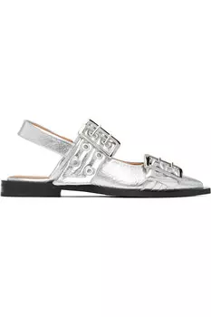 Металлические женские балетки с пряжкой Ganni, серебряный