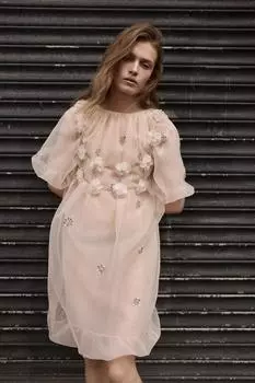 Металлический топ с бусерами и цветами ZARA, светло-розовый