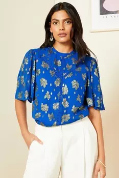 Металлический топ с вырезом и расклешенными рукавами Love & Roses, синий