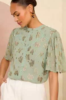 Металлический топ с вырезом и расклешенными рукавами Love & Roses, зеленый