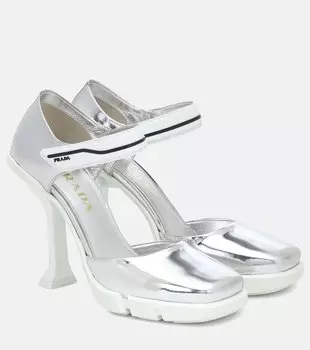 Металлик кожаные лодочки Prada, Argento/Bianco