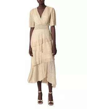 Металлизированное платье с рюшами Maje, золотой