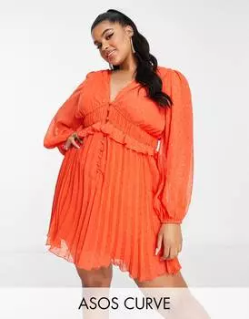Металлизированное плиссированное мини-платье ASOS DESIGN Curve с пуговицами и рюшами на талии
