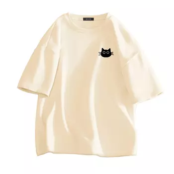 Mianzhi Хлопковая женская футболка, Темно-зеленый (черный знак на груди котенка)