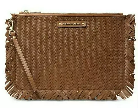 Michael Kors Jet Set плетеный кожаный большой клатч Zi ouch с запястьем и подарочной коробкой, цвет luggage