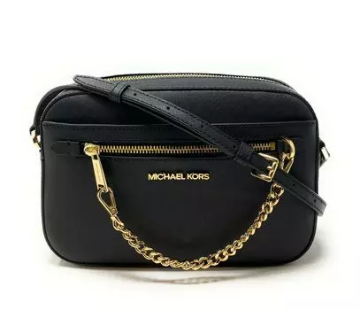 MICHAEL KORS Jet Set Сумка через плечо из сафьяновой кожи с цепочкой на молнии, цвет Black/Gold