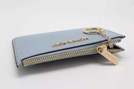 MICHAEL KORS JET SET TRAVEL МАЛЕНЬКИЙ МЕШОК ДЛЯ МОНЕТ С ЗАСТЕЖКОЙ-МОЛНИЕЙ И ДЕРЖАТЕЛЕМ ДЛЯ УДОСТОВЕРЕНИЯ СВЕТЛО-СИНИЙ КОЖАНЫЙ КОШЕЛЕК