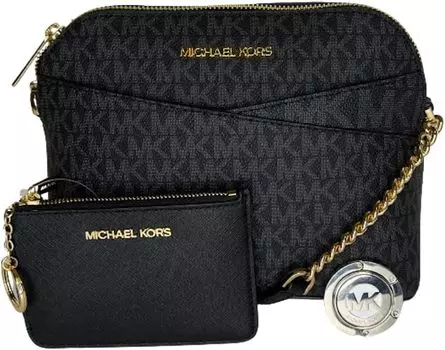 Michael Kors Jet Set Travel MD Dome XCross Crossbody в комплекте с крючком для кошелька SM TZ (Signature MK Black Gold/Black)